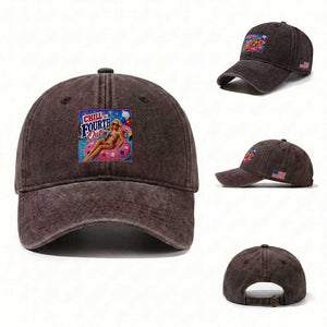 Chill The Fourth Out Doll Meme 4th of July Washed Cotton Baseball Cap TS11 Washed Cap Universal Fit Dark Brown Print Your Wear