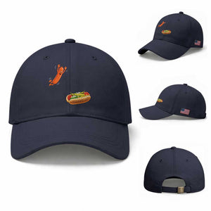 Funny Chicago Style Hot Dog Sausage Jumping Into Bun BBQ Baseball Cap TS11 Baseball Cap Universal Fit Navy Print Your Wear
