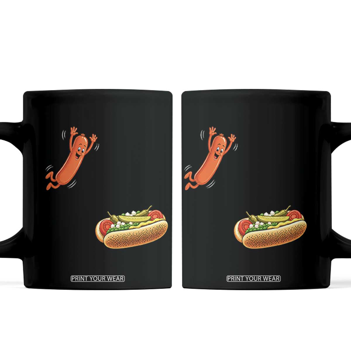 Funny Chicago Style Hot Dog Sausage Jumping Into Bun BBQ Coffee Mug TS11 Black Print Your Wear