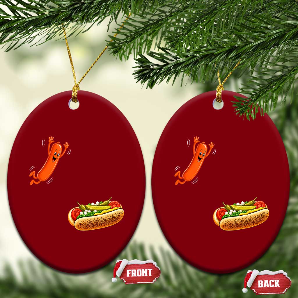 Funny Chicago Style Hot Dog Sausage Jumping Into Bun BBQ Ceramic Ornament TS11 Print Your Wear