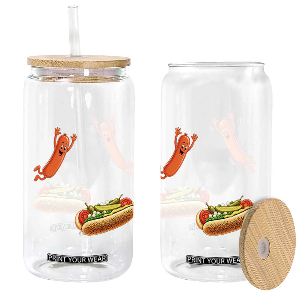 Funny Chicago Style Hot Dog Sausage Jumping Into Bun BBQ Glass Can TS11 Print Your Wear