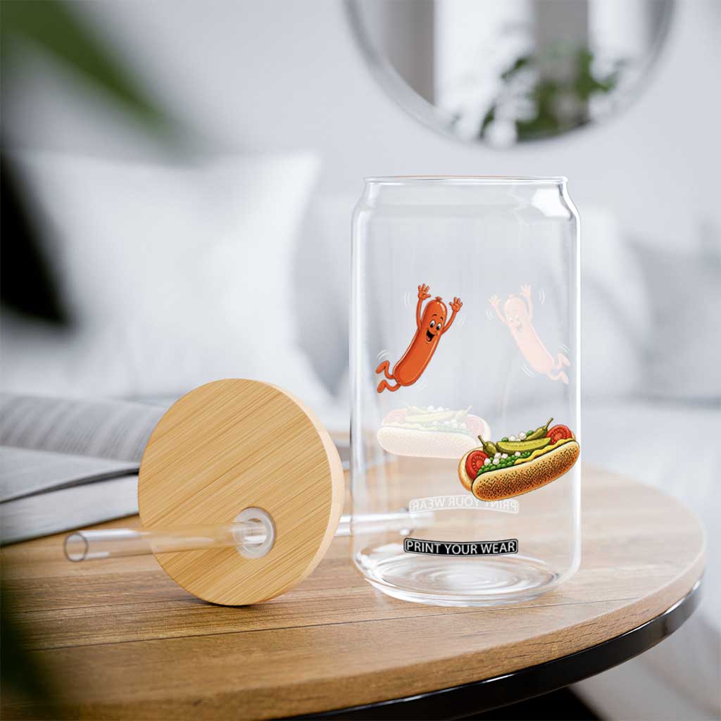 Funny Chicago Style Hot Dog Sausage Jumping Into Bun BBQ Glass Can TS11 Print Your Wear