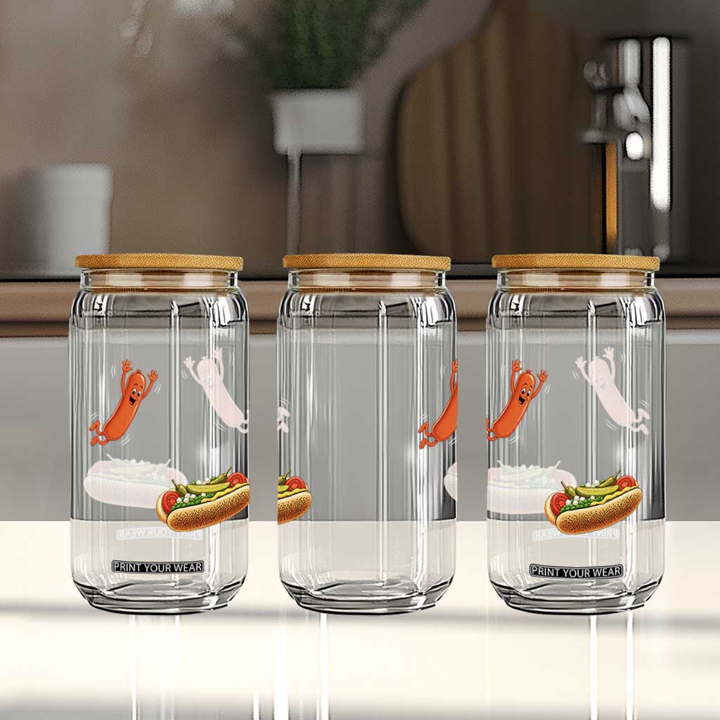 Funny Chicago Style Hot Dog Sausage Jumping Into Bun BBQ Glass Can TS11 Print Your Wear