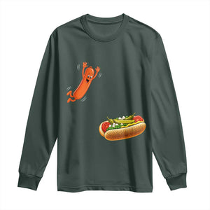 Funny Chicago Style Hot Dog Sausage Jumping Into Bun BBQ Long Sleeve Shirt TS11 Dark Forest Green Print Your Wear