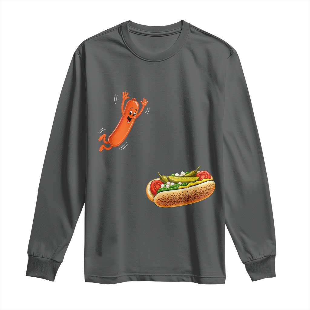Funny Chicago Style Hot Dog Sausage Jumping Into Bun BBQ Long Sleeve Shirt TS11 Dark Heather Print Your Wear