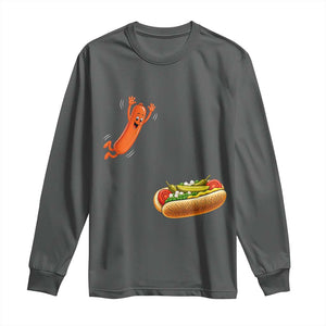 Funny Chicago Style Hot Dog Sausage Jumping Into Bun BBQ Long Sleeve Shirt TS11 Dark Heather Print Your Wear