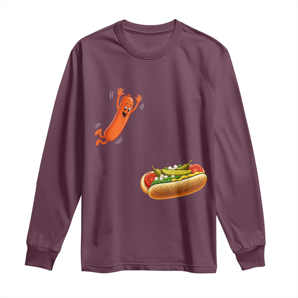 Funny Chicago Style Hot Dog Sausage Jumping Into Bun BBQ Long Sleeve Shirt TS11 Maroon Print Your Wear