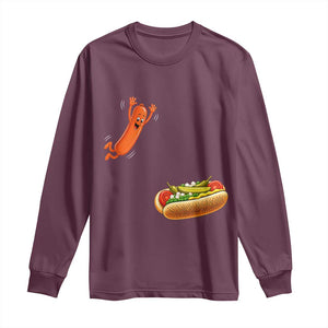 Funny Chicago Style Hot Dog Sausage Jumping Into Bun BBQ Long Sleeve Shirt TS11 Maroon Print Your Wear