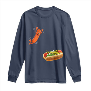 Funny Chicago Style Hot Dog Sausage Jumping Into Bun BBQ Long Sleeve Shirt TS11 Navy Print Your Wear