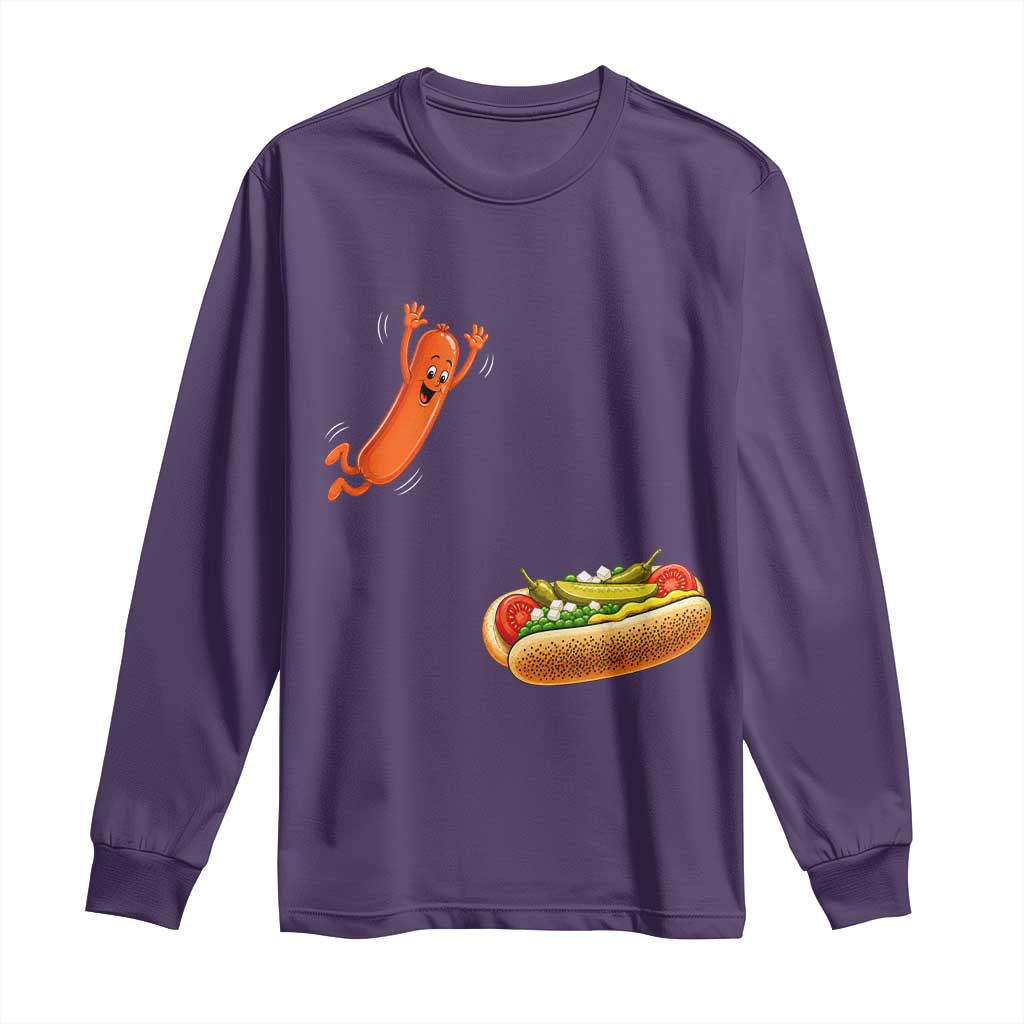 Funny Chicago Style Hot Dog Sausage Jumping Into Bun BBQ Long Sleeve Shirt TS11 Purple Print Your Wear