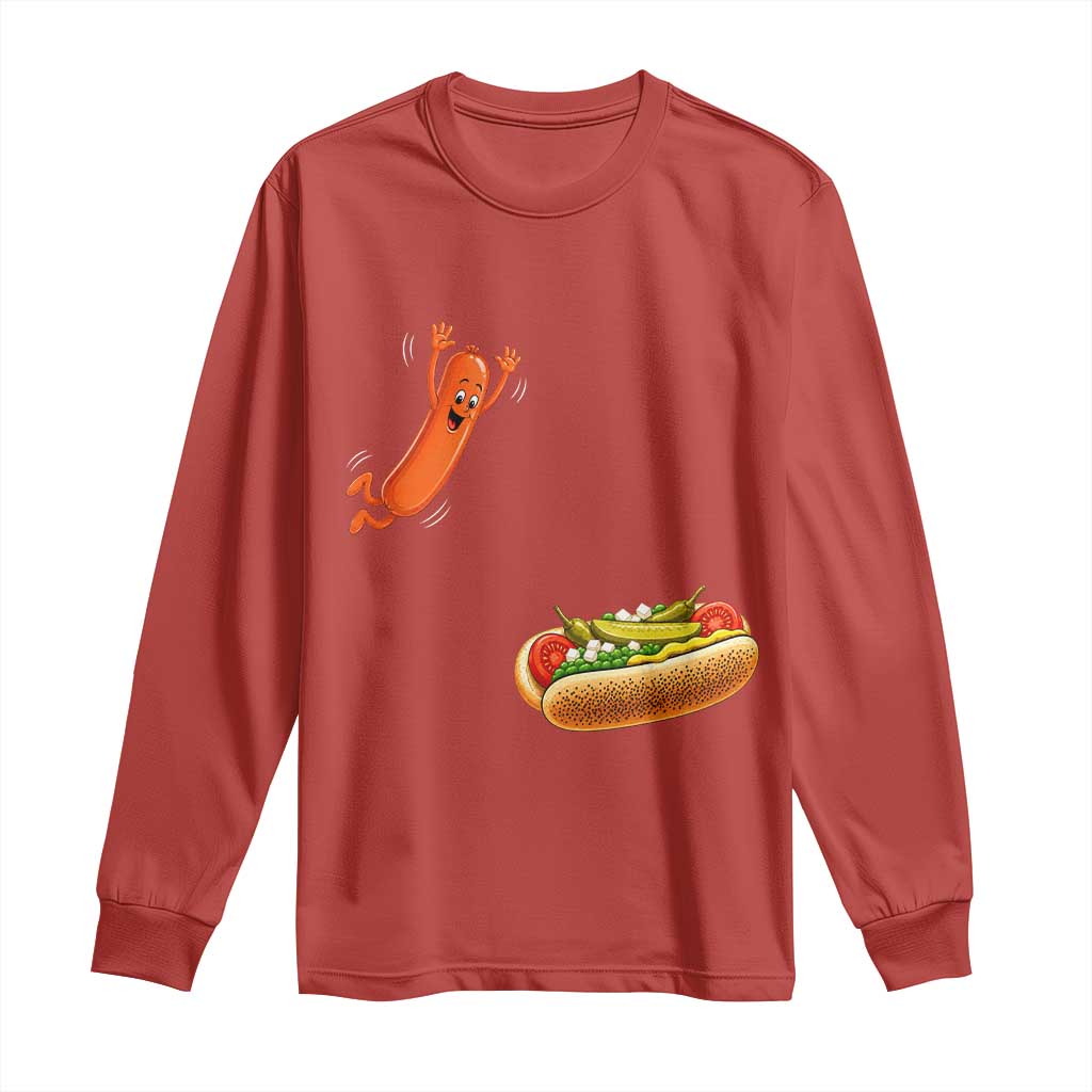 Funny Chicago Style Hot Dog Sausage Jumping Into Bun BBQ Long Sleeve Shirt TS11 Red Print Your Wear