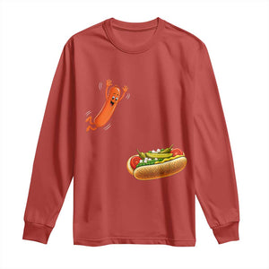 Funny Chicago Style Hot Dog Sausage Jumping Into Bun BBQ Long Sleeve Shirt TS11 Red Print Your Wear