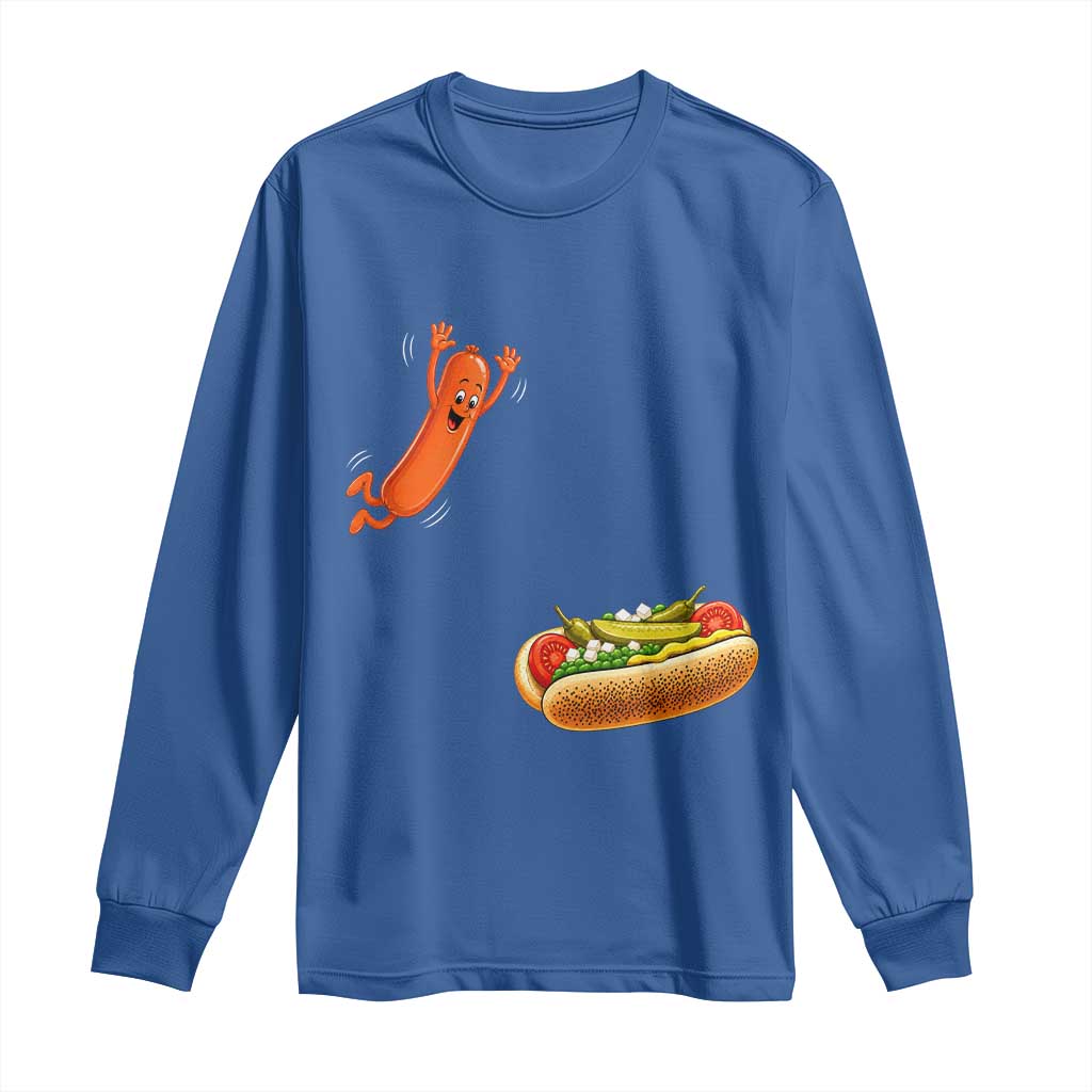 Funny Chicago Style Hot Dog Sausage Jumping Into Bun BBQ Long Sleeve Shirt TS11 Royal Blue Print Your Wear