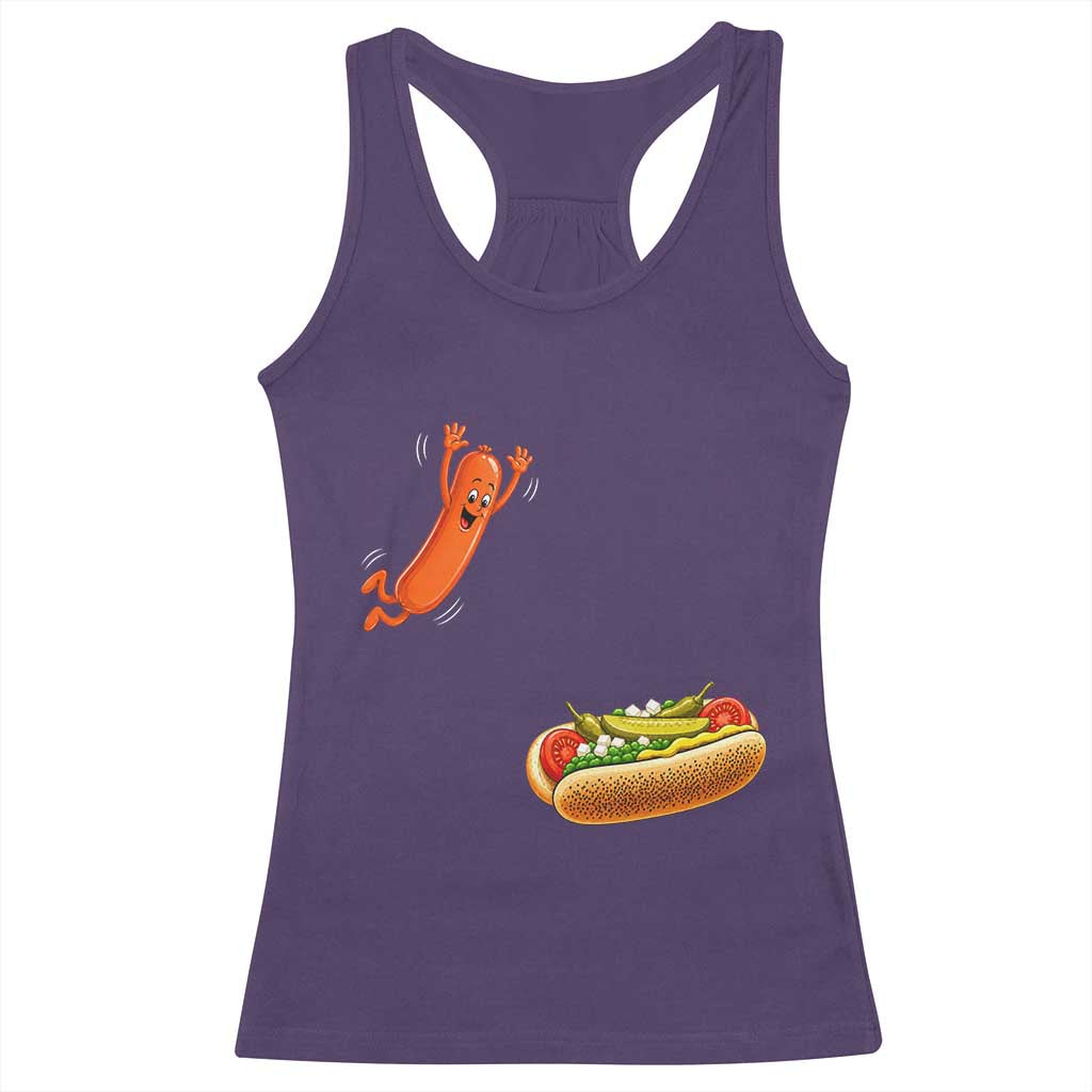 Funny Chicago Style Hot Dog Sausage Jumping Into Bun BBQ Racerback Tank Top TS11 Purple Print Your Wear