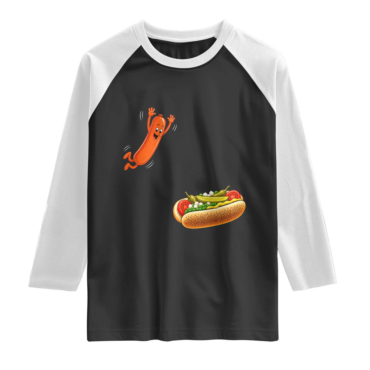 Funny Chicago Style Hot Dog Sausage Jumping Into Bun BBQ Raglan Shirt TS11 Black White Print Your Wear