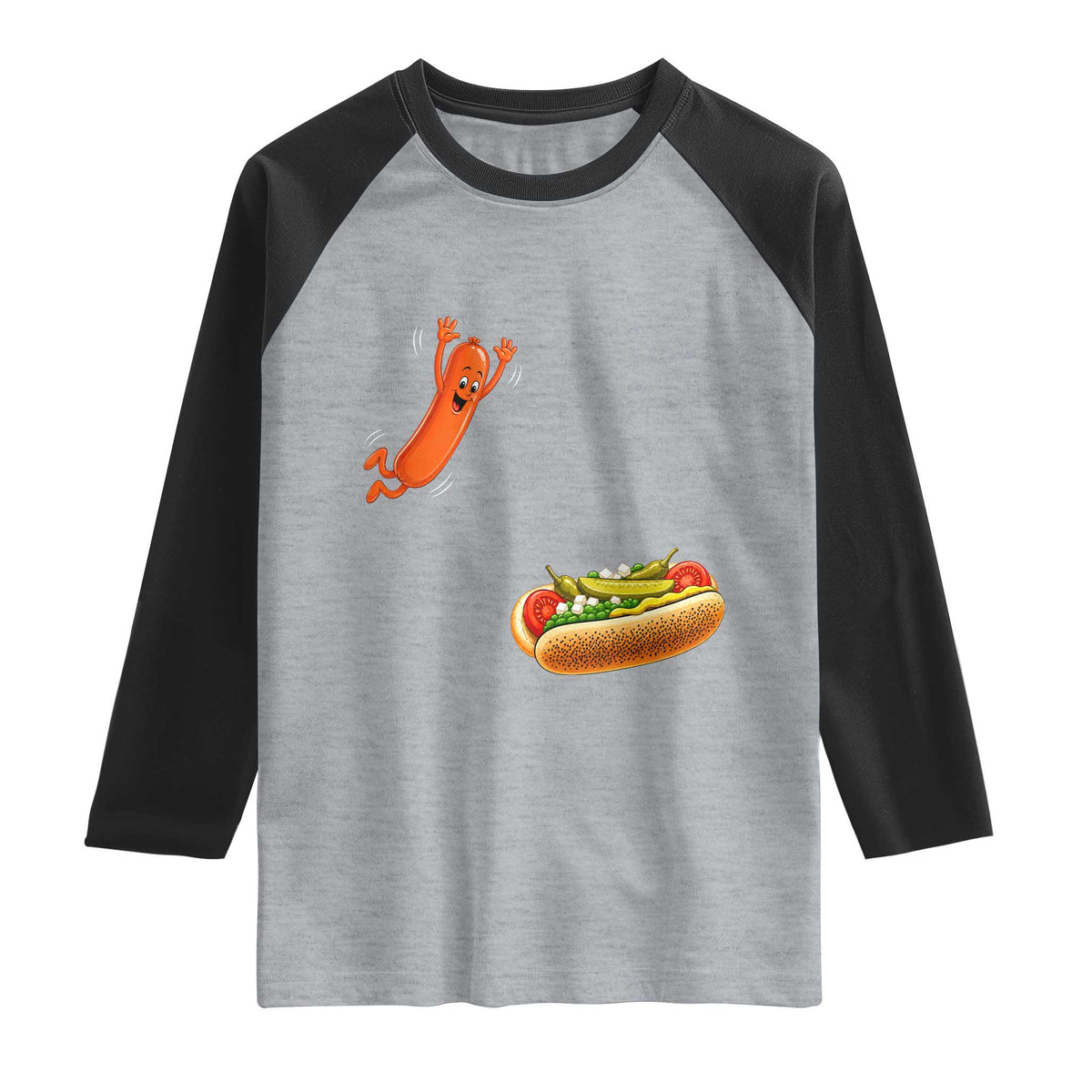 Funny Chicago Style Hot Dog Sausage Jumping Into Bun BBQ Raglan Shirt TS11 Heather Gray Black Print Your Wear
