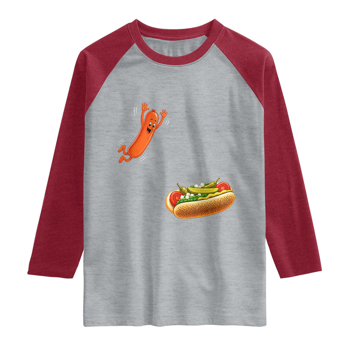 Funny Chicago Style Hot Dog Sausage Jumping Into Bun BBQ Raglan Shirt TS11 Heather Gray Heather Red Print Your Wear