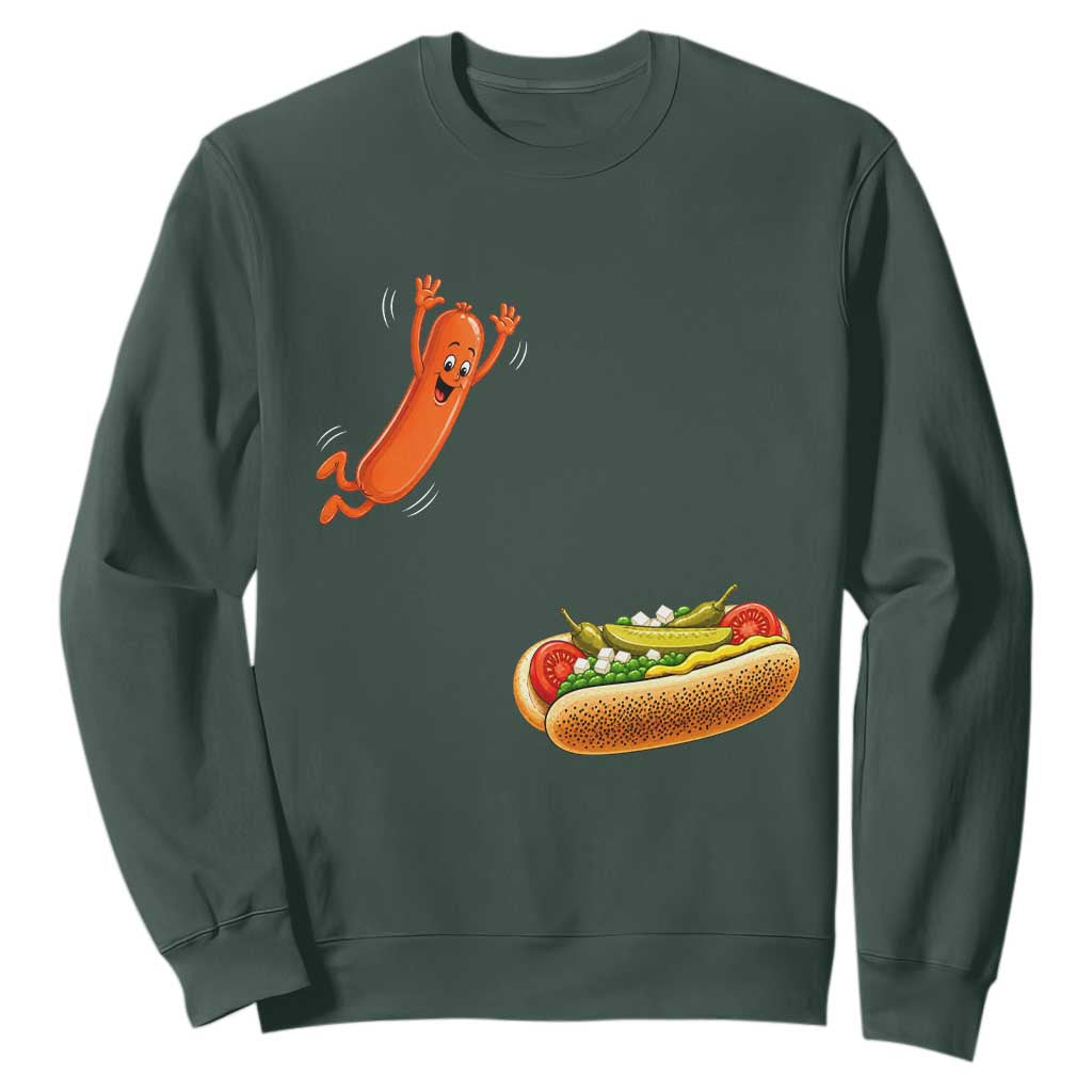 Funny Chicago Style Hot Dog Sausage Jumping Into Bun BBQ Sweatshirt TS11 Dark Forest Green Print Your Wear