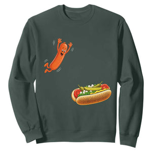 Funny Chicago Style Hot Dog Sausage Jumping Into Bun BBQ Sweatshirt TS11 Dark Forest Green Print Your Wear
