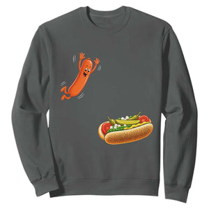 Funny Chicago Style Hot Dog Sausage Jumping Into Bun BBQ Sweatshirt TS11 Dark Heather Print Your Wear