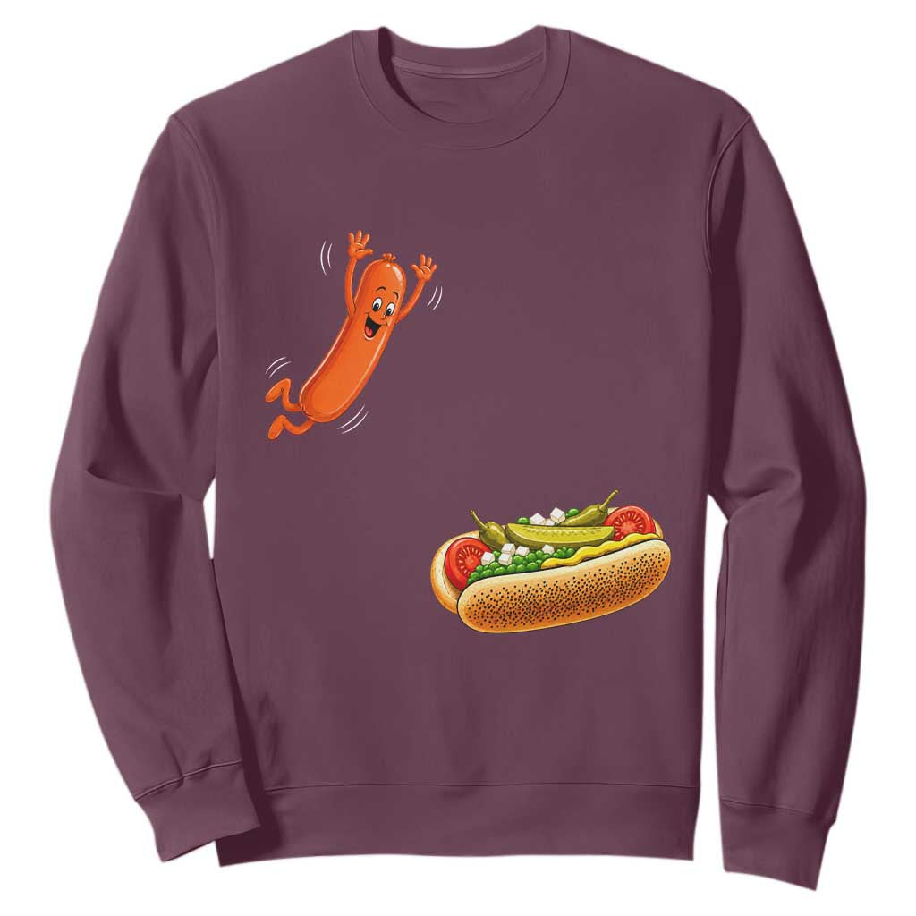 Funny Chicago Style Hot Dog Sausage Jumping Into Bun BBQ Sweatshirt TS11 Maroon Print Your Wear