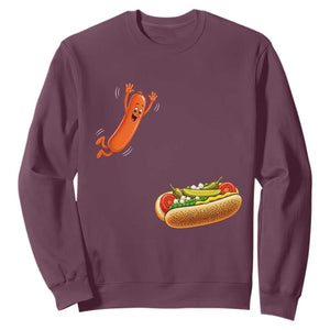 Funny Chicago Style Hot Dog Sausage Jumping Into Bun BBQ Sweatshirt TS11 Maroon Print Your Wear