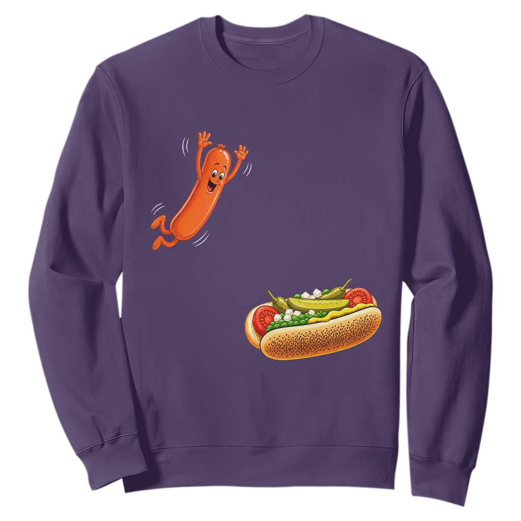 Funny Chicago Style Hot Dog Sausage Jumping Into Bun BBQ Sweatshirt TS11 Purple Print Your Wear