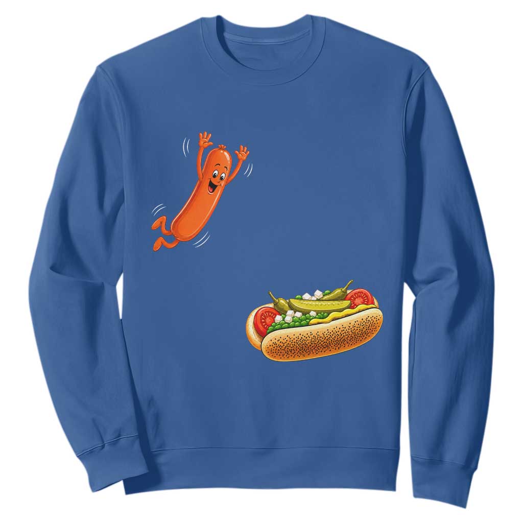 Funny Chicago Style Hot Dog Sausage Jumping Into Bun BBQ Sweatshirt TS11 Royal Blue Print Your Wear