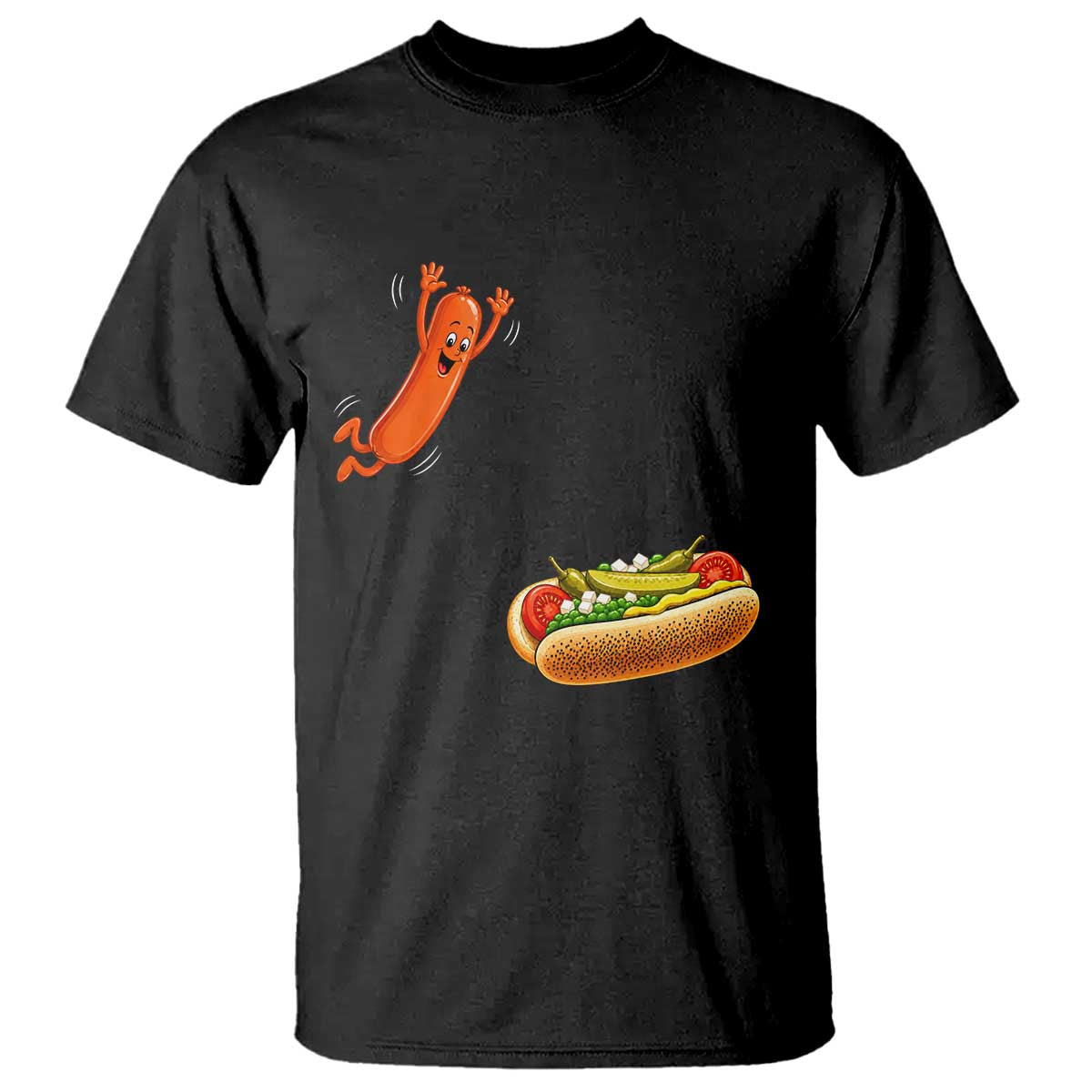 Funny Chicago Style Hot Dog Sausage Jumping Into Bun BBQ T Shirt TS11 Black Print Your Wear