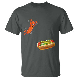 Funny Chicago Style Hot Dog Sausage Jumping Into Bun BBQ T Shirt TS11 Dark Heather Print Your Wear