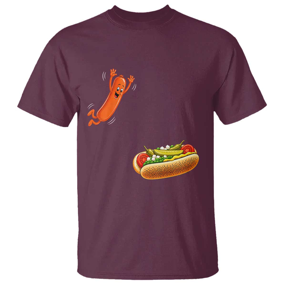 Funny Chicago Style Hot Dog Sausage Jumping Into Bun BBQ T Shirt TS11 Maroon Print Your Wear