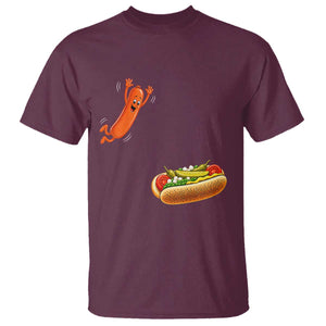 Funny Chicago Style Hot Dog Sausage Jumping Into Bun BBQ T Shirt TS11 Maroon Print Your Wear