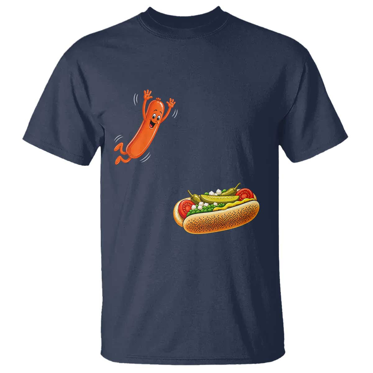 Funny Chicago Style Hot Dog Sausage Jumping Into Bun BBQ T Shirt TS11 Navy Print Your Wear