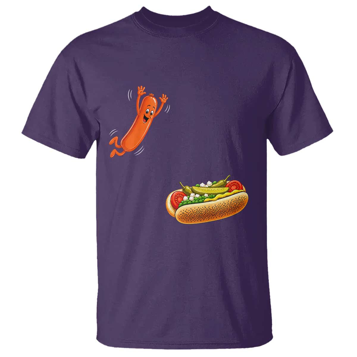 Funny Chicago Style Hot Dog Sausage Jumping Into Bun BBQ T Shirt TS11 Purple Print Your Wear