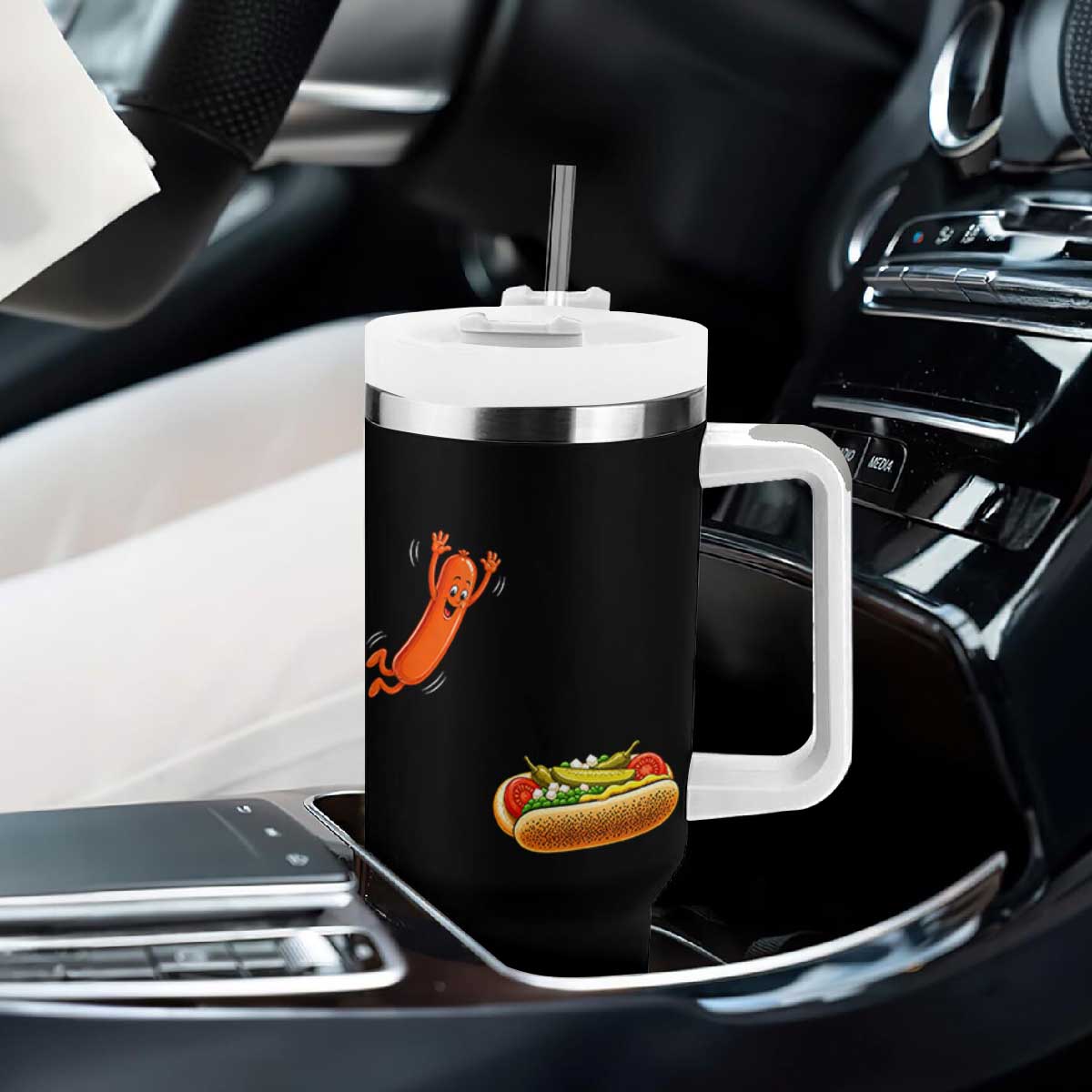 Funny Chicago Style Hot Dog Sausage Jumping Into Bun BBQ Tumbler With Handle TS11 Print Your Wear