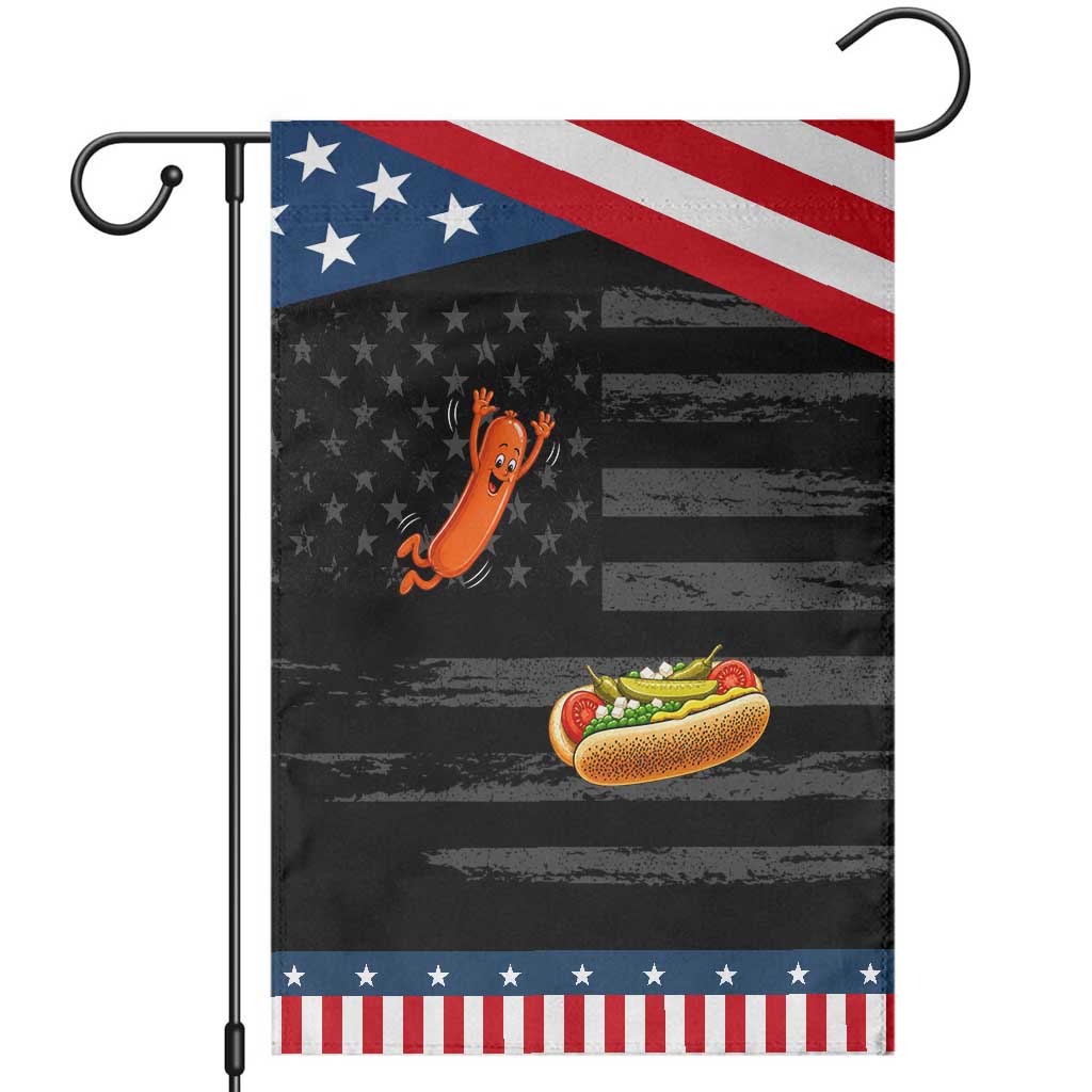 Funny Chicago Style Hot Dog Sausage Jumping Into Bun BBQ Patriotic Garden Flag TS11 Distressed Black Blue Print Your Wear