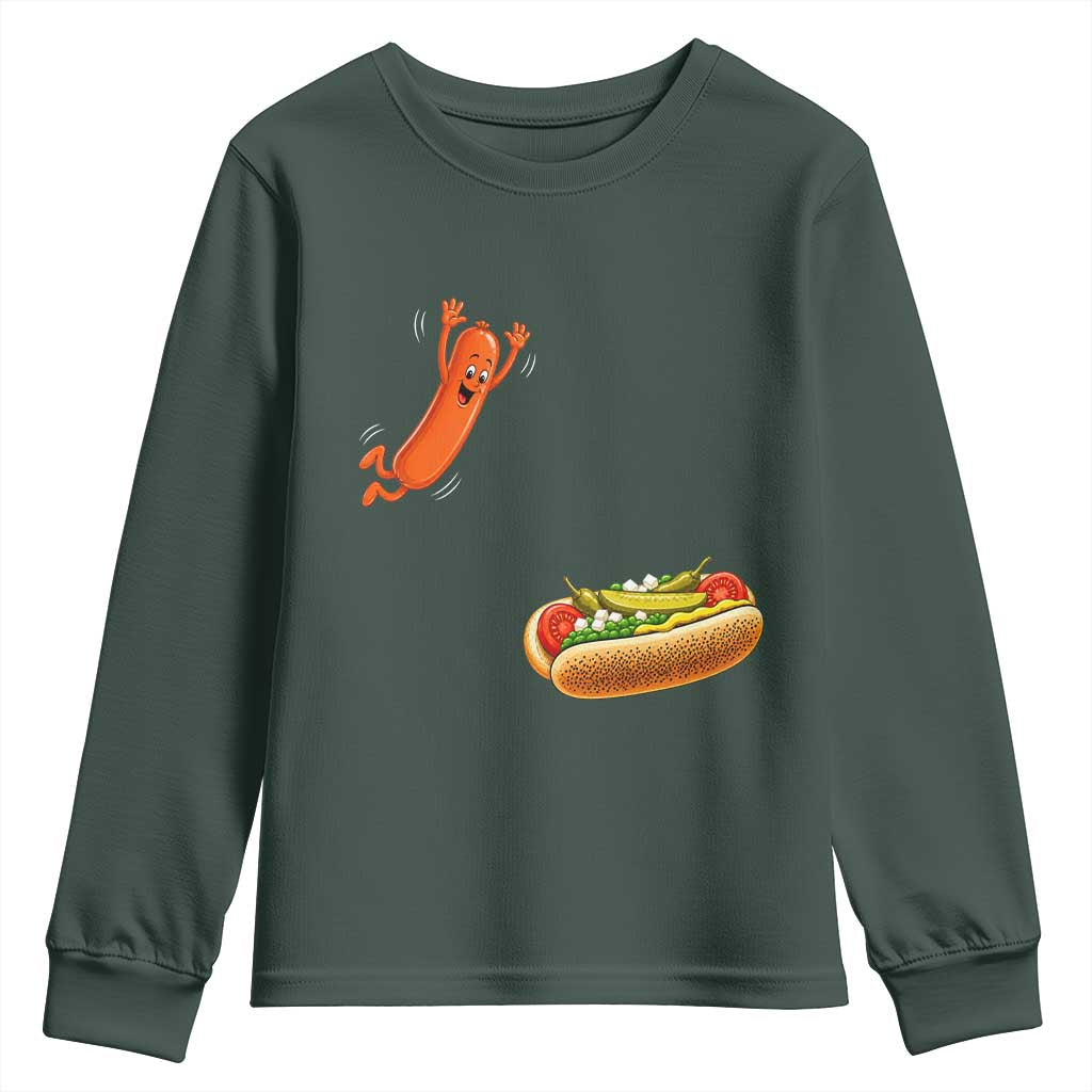 Funny Chicago Style Hot Dog Sausage Jumping Into Bun BBQ Youth Sweatshirt TS11 Dark Forest Green Print Your Wear