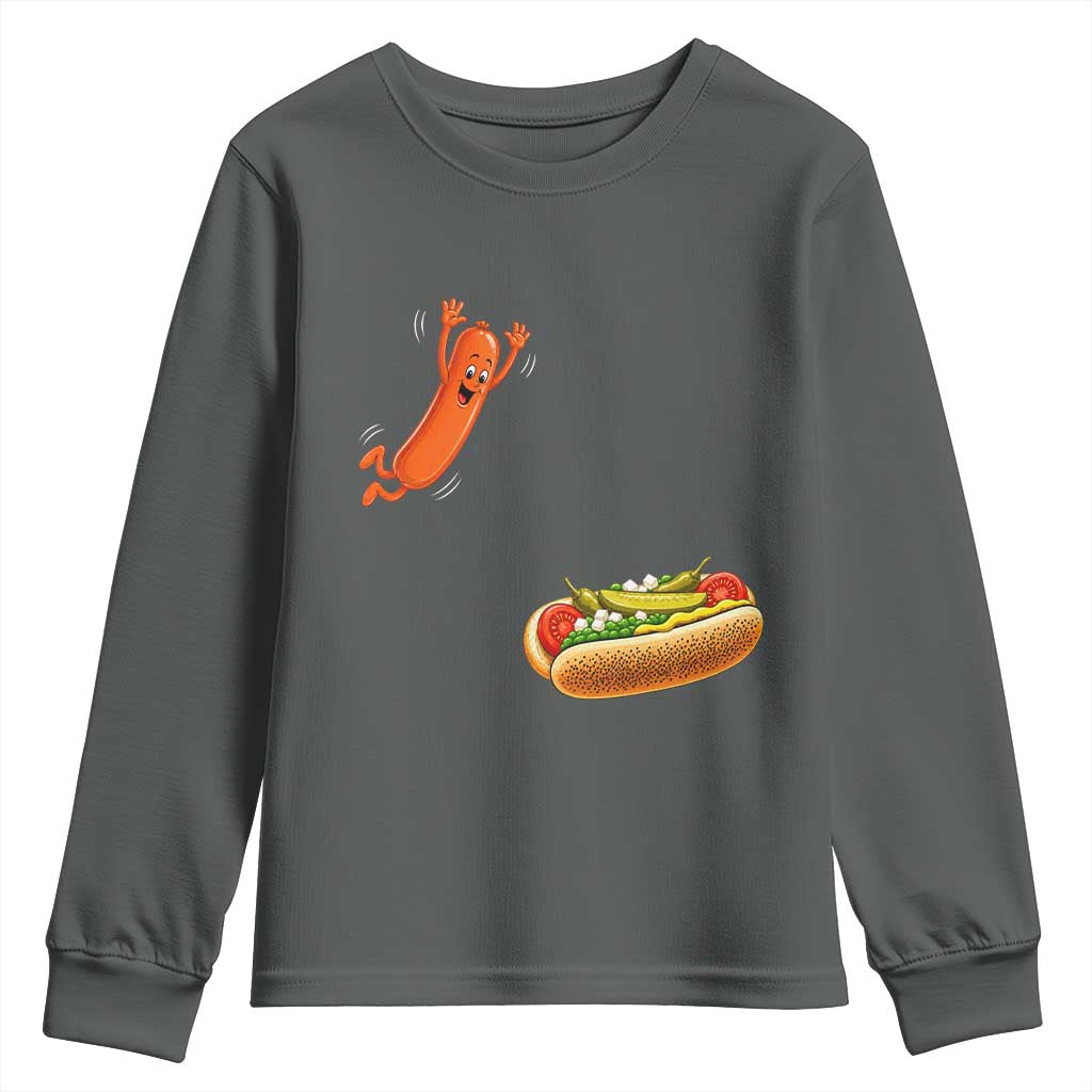 Funny Chicago Style Hot Dog Sausage Jumping Into Bun BBQ Youth Sweatshirt TS11 Dark Heather Print Your Wear