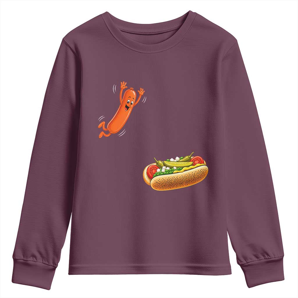 Funny Chicago Style Hot Dog Sausage Jumping Into Bun BBQ Youth Sweatshirt TS11 Maroon Print Your Wear