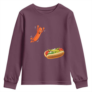 Funny Chicago Style Hot Dog Sausage Jumping Into Bun BBQ Youth Sweatshirt TS11 Maroon Print Your Wear