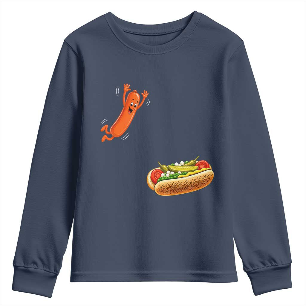 Funny Chicago Style Hot Dog Sausage Jumping Into Bun BBQ Youth Sweatshirt TS11 Navy Print Your Wear