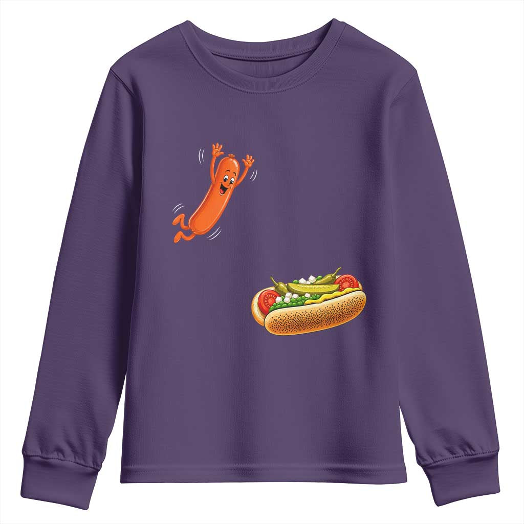 Funny Chicago Style Hot Dog Sausage Jumping Into Bun BBQ Youth Sweatshirt TS11 Purple Print Your Wear