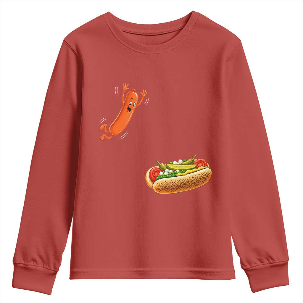 Funny Chicago Style Hot Dog Sausage Jumping Into Bun BBQ Youth Sweatshirt TS11 Red Print Your Wear