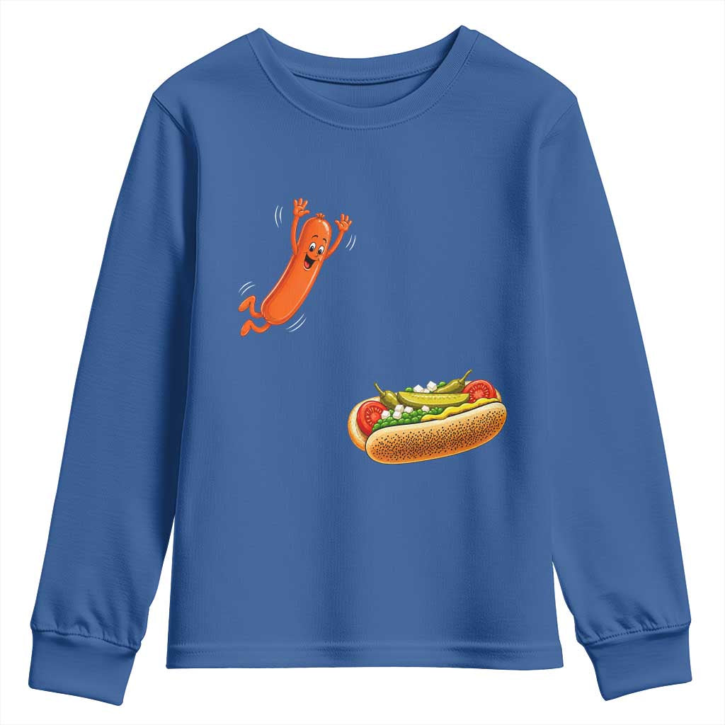 Funny Chicago Style Hot Dog Sausage Jumping Into Bun BBQ Youth Sweatshirt TS11 Royal Blue Print Your Wear