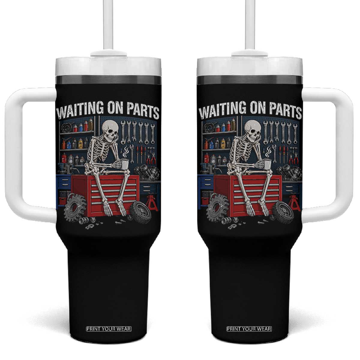 Waiting On Parts Funny Mechanic Tumbler With Handle Skeleton Auto Repair Life TS11 One Size: 40 oz Black Print Your Wear