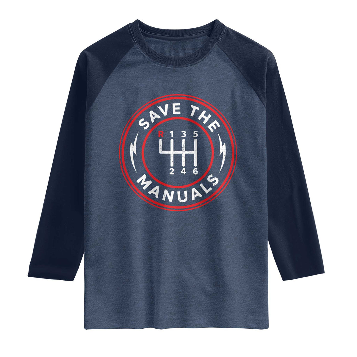 Save The Manuals Gear Shift Car Lover Raglan Shirt TS11 Heather Denim Navy Print Your Wear