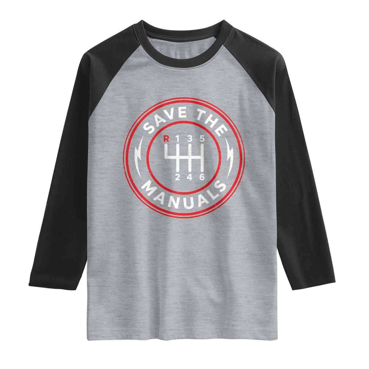 Save The Manuals Gear Shift Car Lover Raglan Shirt TS11 Heather Gray Black Print Your Wear