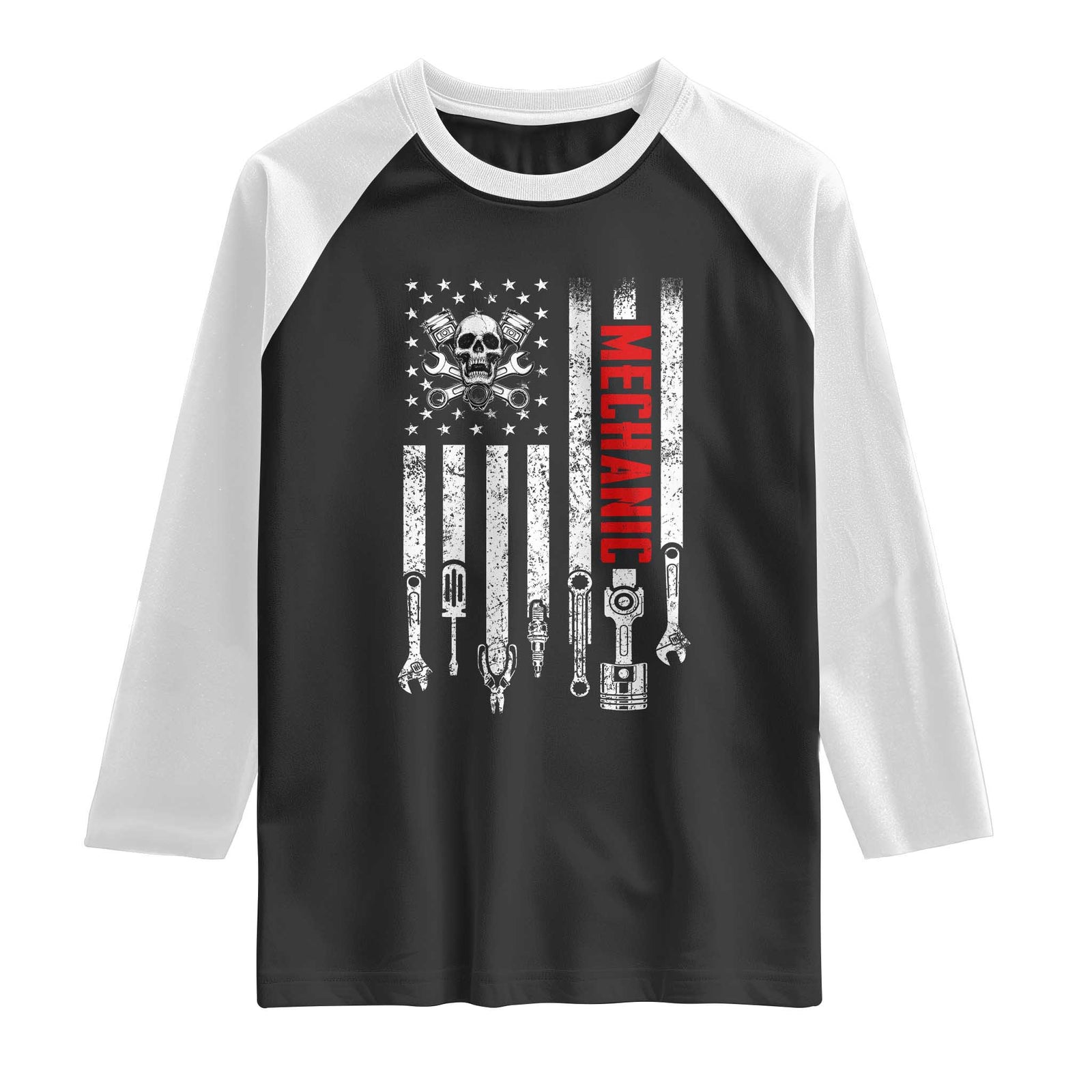 Mechanic American Flag Vintage Skull Auto Repair Handyman Raglan Shirt TS11 Black White Print Your Wear