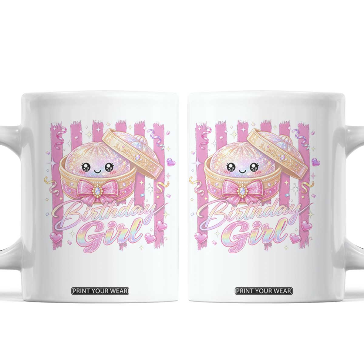Birthday Girl Cute Glitter Dumpling Coffee Mug Kawaii Food Squishy Summer Stripes TS11 White Print Your Wear