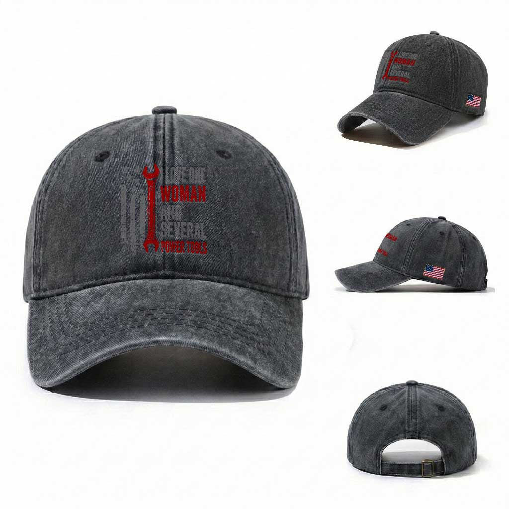 I Love One Woman And Several Power Tools Washed Cotton Baseball Cap Funny Mechanic Handyman Carpenter TS11 Washed Cap Universal Fit Dark Gray Print Your Wear